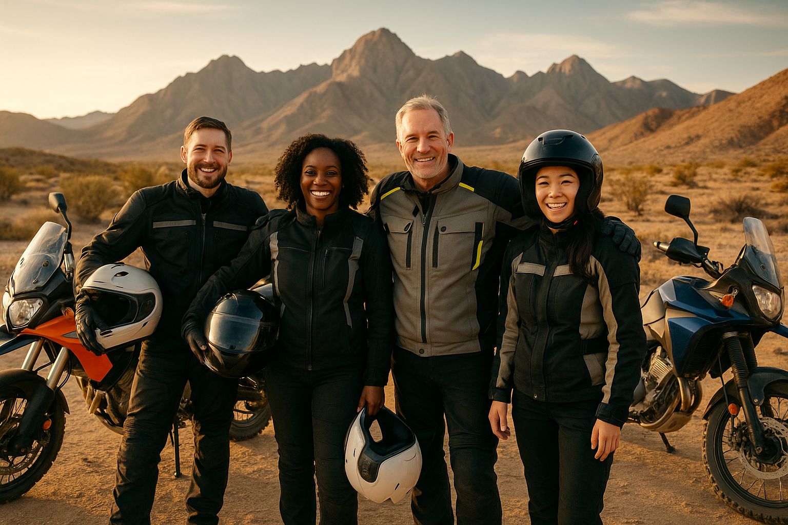 "A high-resolution action shot of a diverse team of riders in your gear, standing beside their bikes in a scenic location (mountains/desert). Natural lighting, candid smiles, and a mix of adventure/touring motorcycles. Feels inclusive and aspirational. ratio is 1:1"